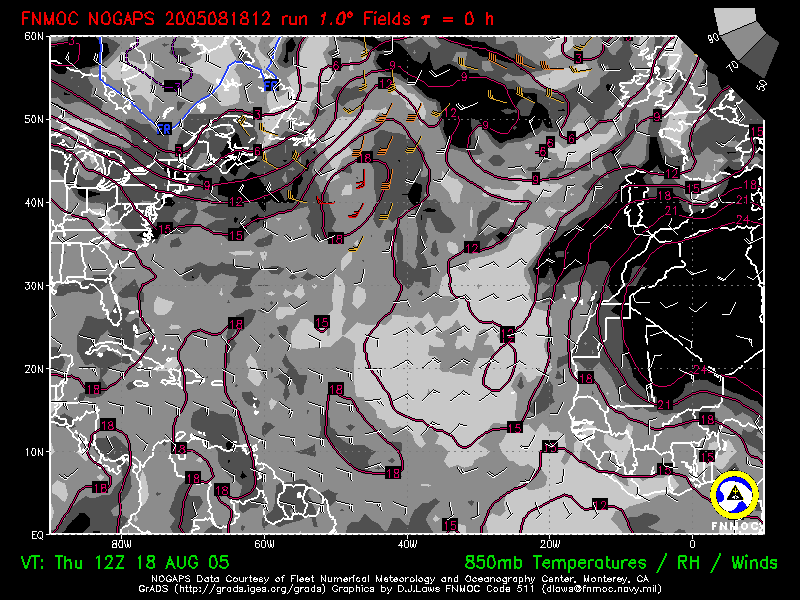 product: 850 hPa Temperature [C], winds [kts] and Rel. Hum. [%], area: Atlantic, tau: 000 